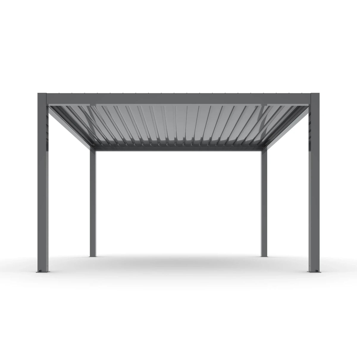 A modern gray metal patio pergola with a slatted roof, shown from a front-facing perspective on a clean white background.