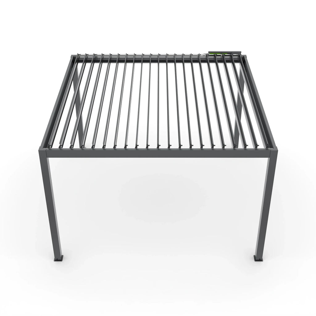 A modern rectangular metal patio table frame with a dark gray finish, featuring a grid-style slatted top and four angled legs, shown on a clean white background.