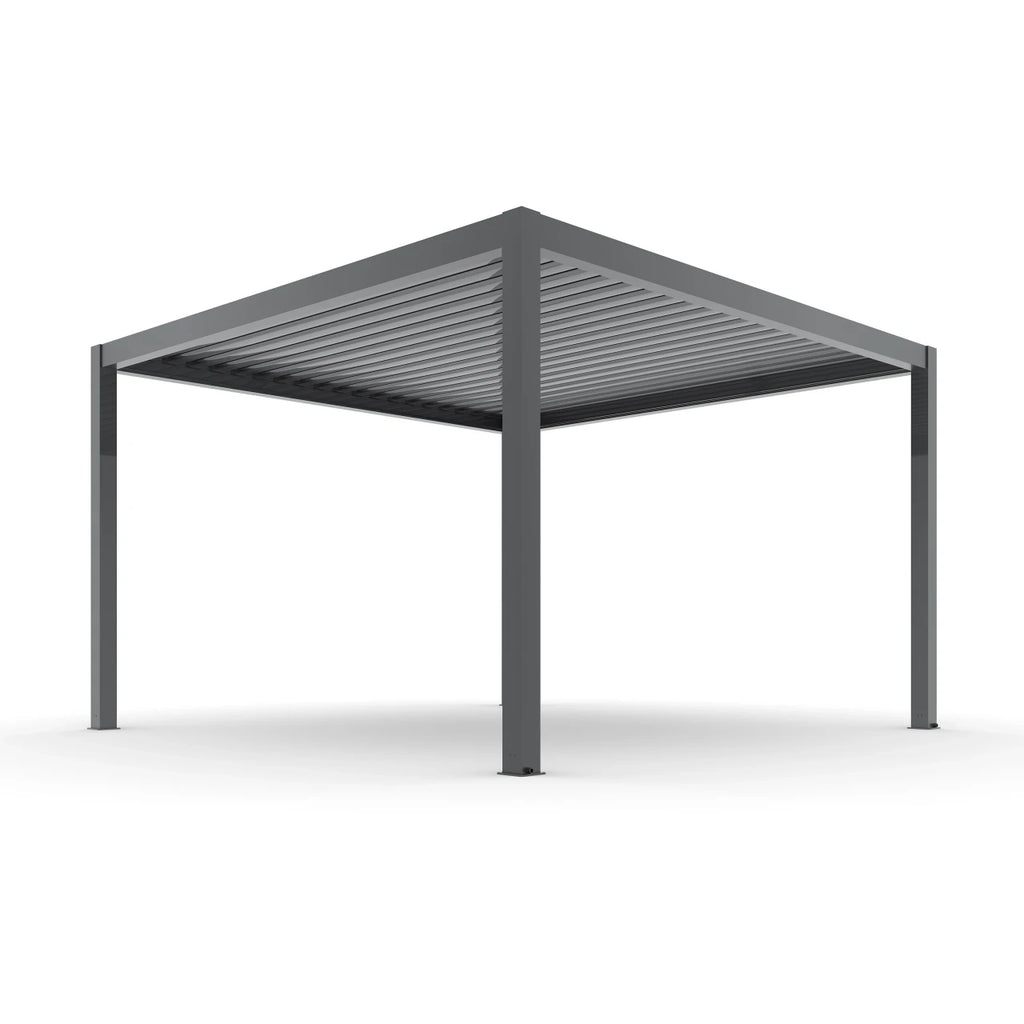 A modern gray metal patio pergola with a slatted roof, shown from a front-three-quarters angle on a clean white background.