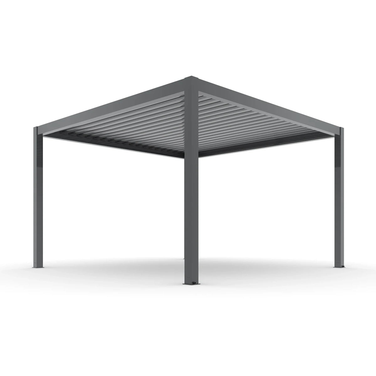 A modern gray metal patio pergola with a slatted roof, shown from a front-three-quarters angle on a clean white background.