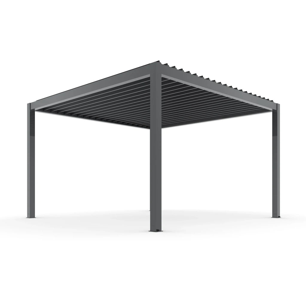 A modern dark gray metal patio pergola with a slatted roof and four support posts, shown on a clean white background.
