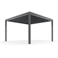A modern dark gray metal patio pergola with a slatted roof and four support posts, shown on a clean white background.