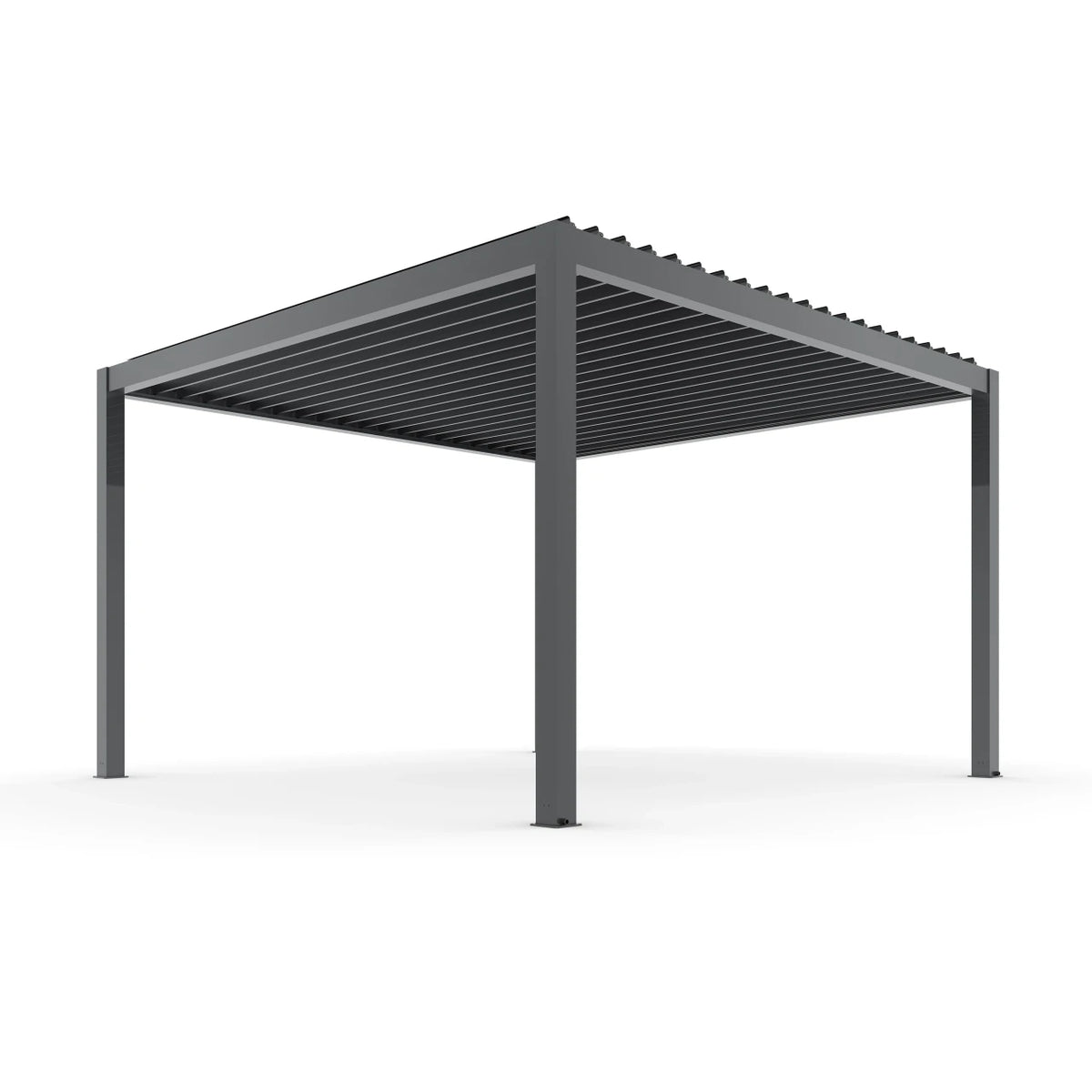 A modern dark gray metal patio pergola with a slatted roof and four support posts, shown on a clean white background.