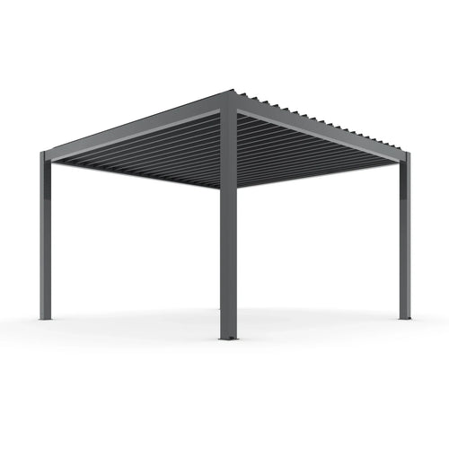 A modern dark gray metal patio pergola with a slatted roof and four support posts, shown on a clean white background.