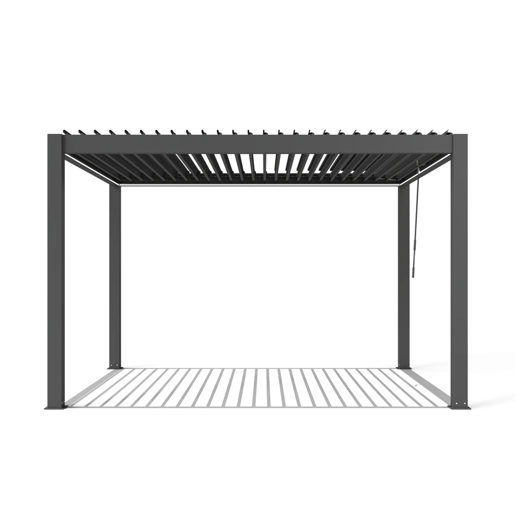 A modern dark gray metal pergola with a slatted roof and matching slatted floor, shown from a front-three-quarters angle on a solid white background.