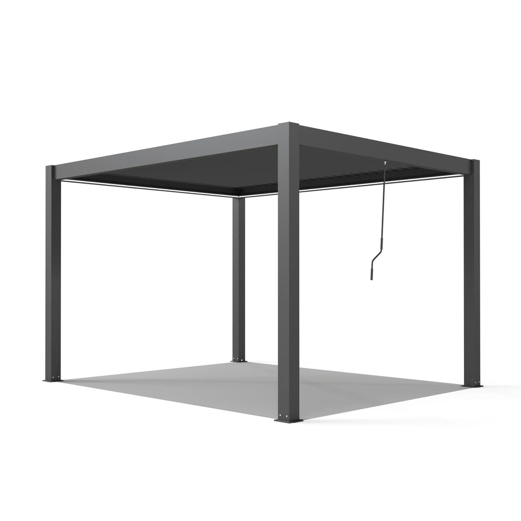A modern rectangular patio cabana or pergola frame with a dark gray roof and support posts, shown on a clean white background.