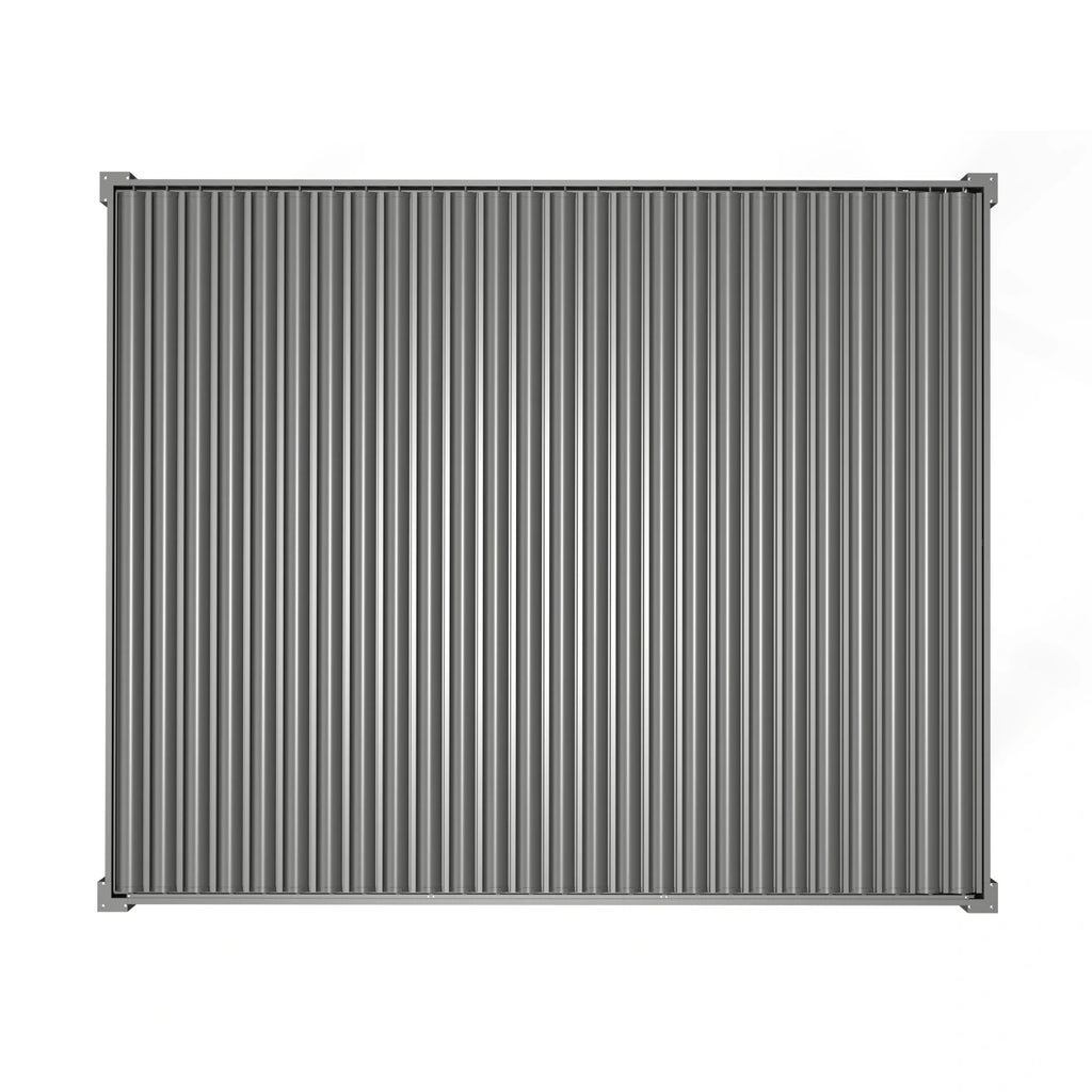 A rectangular gray metal panel with a vertical ribbed texture and small corner brackets, shown against a plain white background.