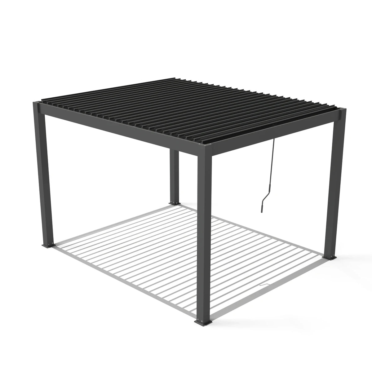 A modern black metal pergola with a slatted roof and a lower open support deck, shown on a clean white background.