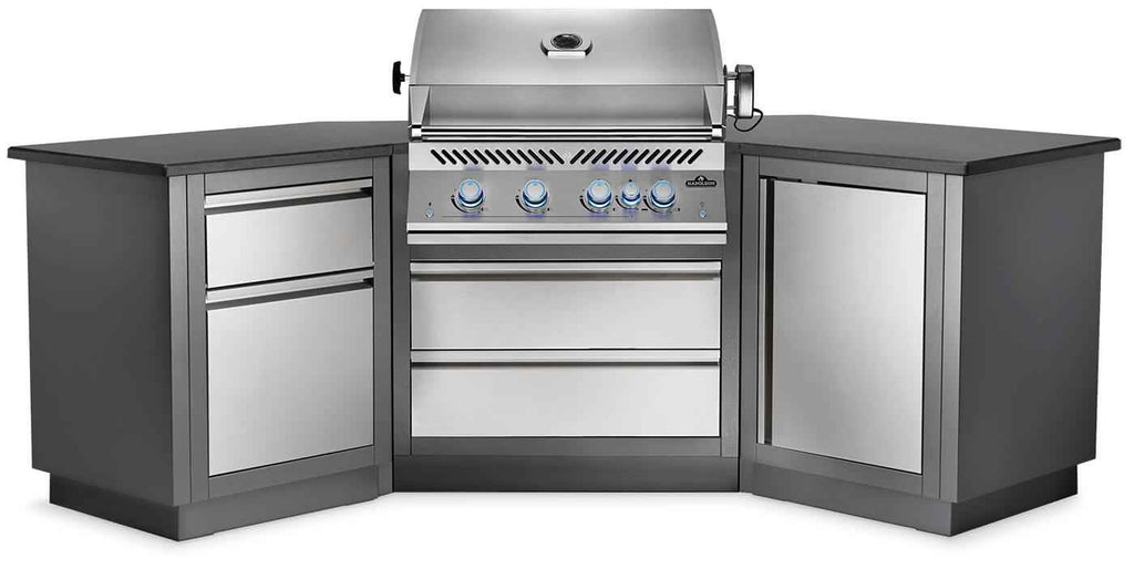 Outdoor kitchen grill with cabinets on a white background