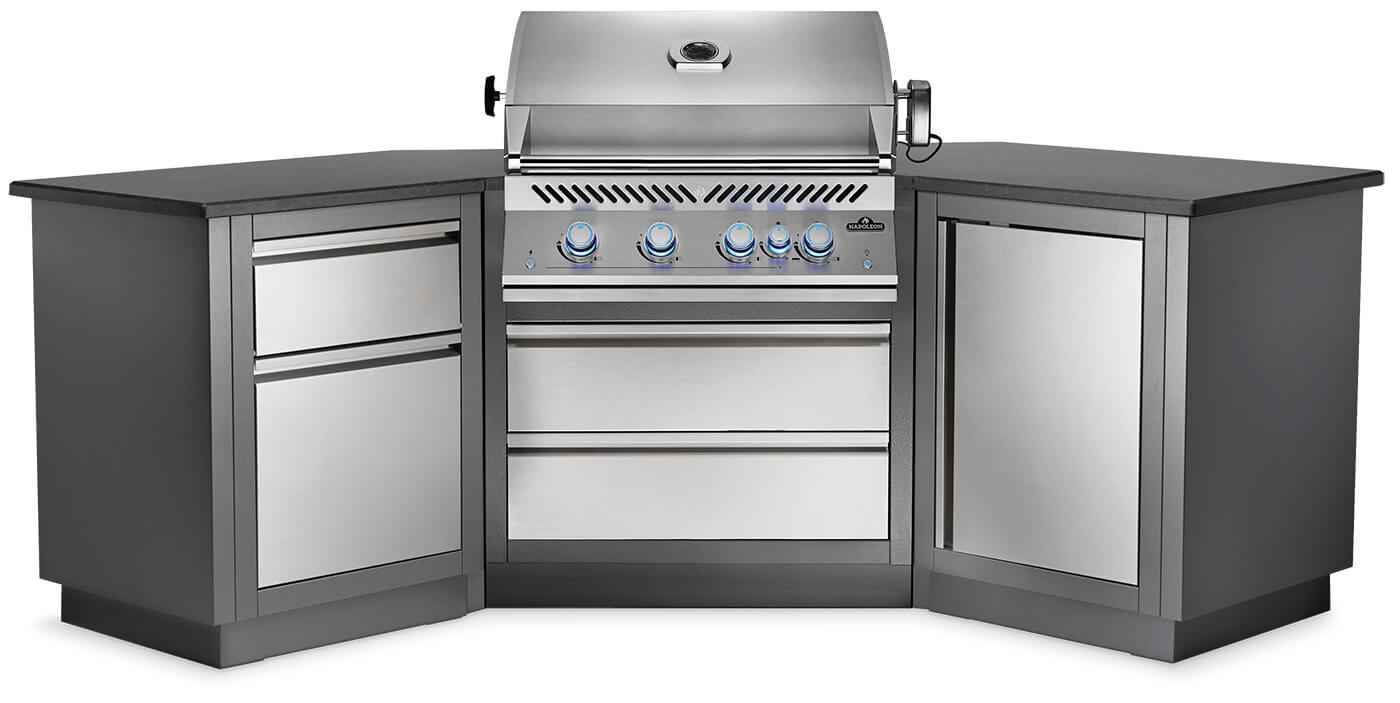 Outdoor kitchen grill with cabinets on a white background