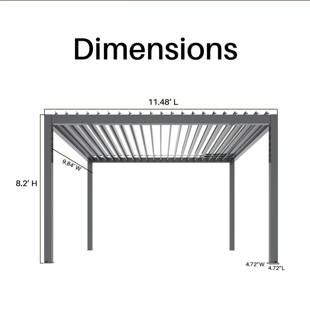 A dimension diagram of a gray metal patio pergola with labeled measurements including 11.48' L, 8.