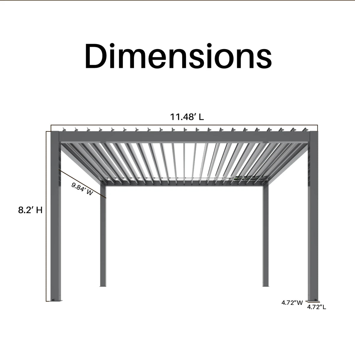 A dimension diagram of a gray metal patio pergola with labeled measurements including 11.48' L, 8.