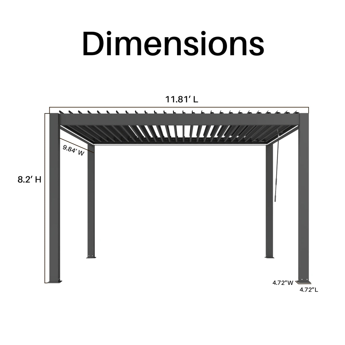 A black-and-white dimension diagram of a pergola or patio cover with labeled measurements for height, width, and length on a plain white background.