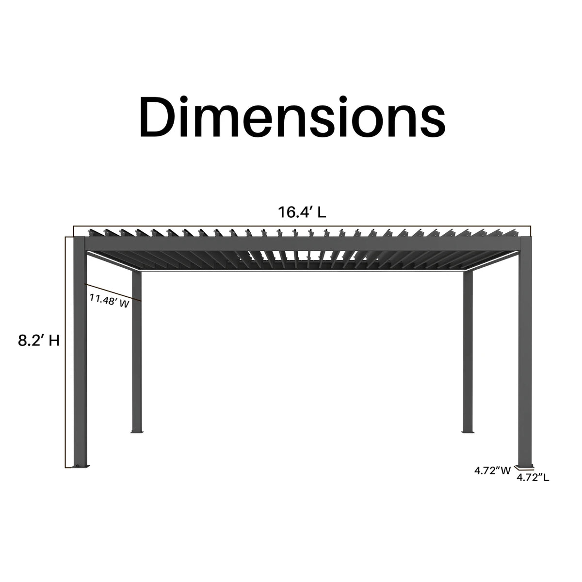 A dimension diagram of a pergola or patio cover structure on a white background, with labeled measurements including 16.4' L, 8.