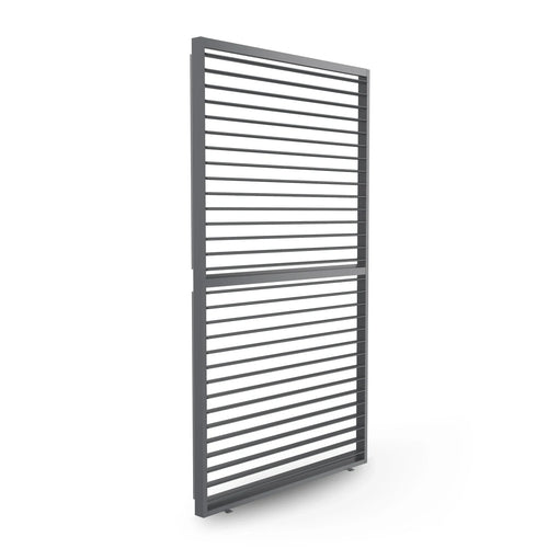 A dark gray metal patio screen panel with horizontal slats, shown at a three-quarter angle on a clean white background.