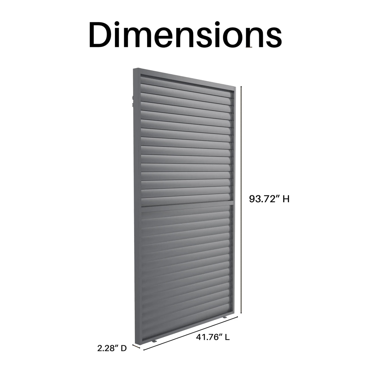 A gray slatted panel shown on a white background with the word 'Dimensions' above it and measurement labels indicating 93.72" height, 41.