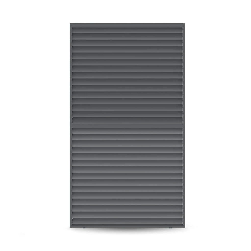 A tall, rectangular dark gray metal panel with horizontal slats, shown centered on a plain white background.