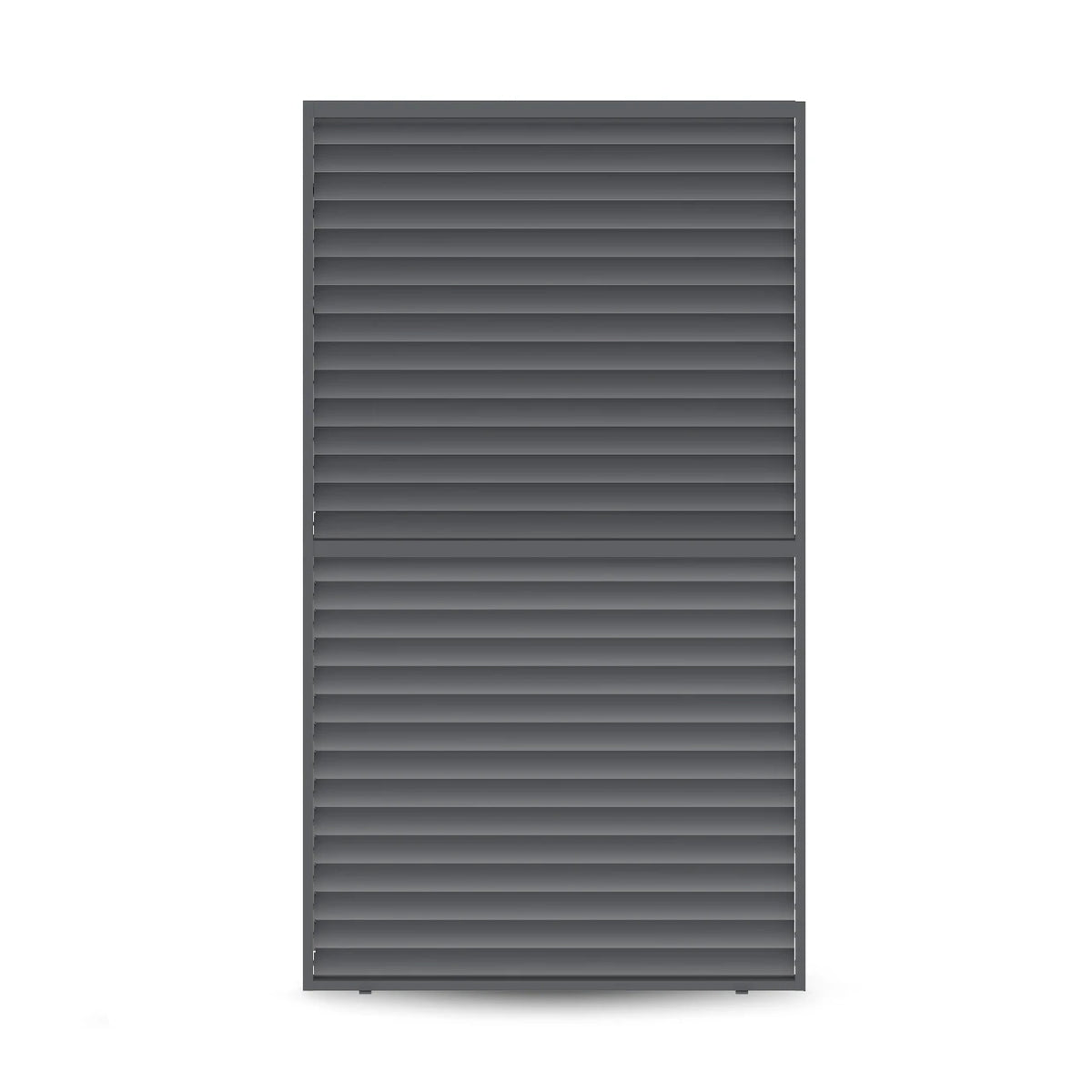 A tall, rectangular dark gray metal panel with horizontal slats, shown centered on a plain white background.