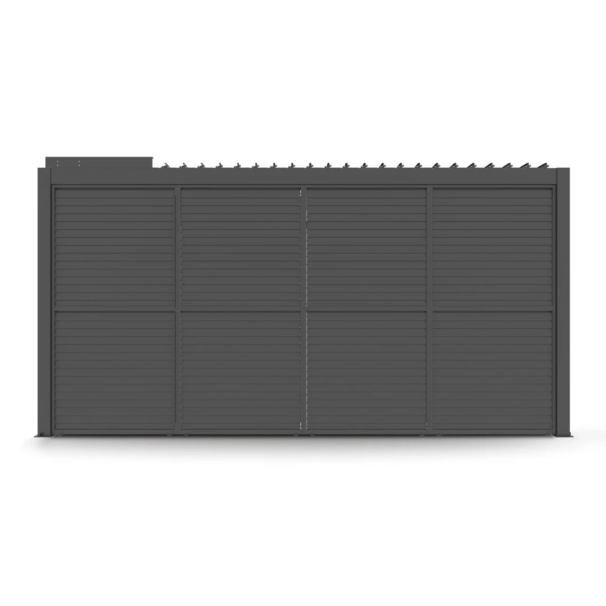 A dark gray metal garage door with horizontal slats and a corrugated top ridge, shown from the front on a clean white background.