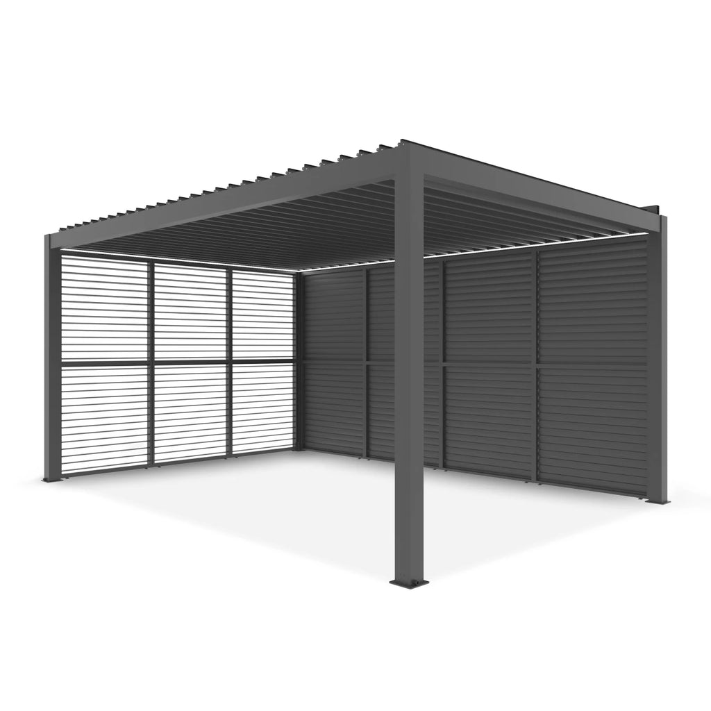 A modern dark gray metal carport with a slatted roof and solid side walls, shown on a clean white background.