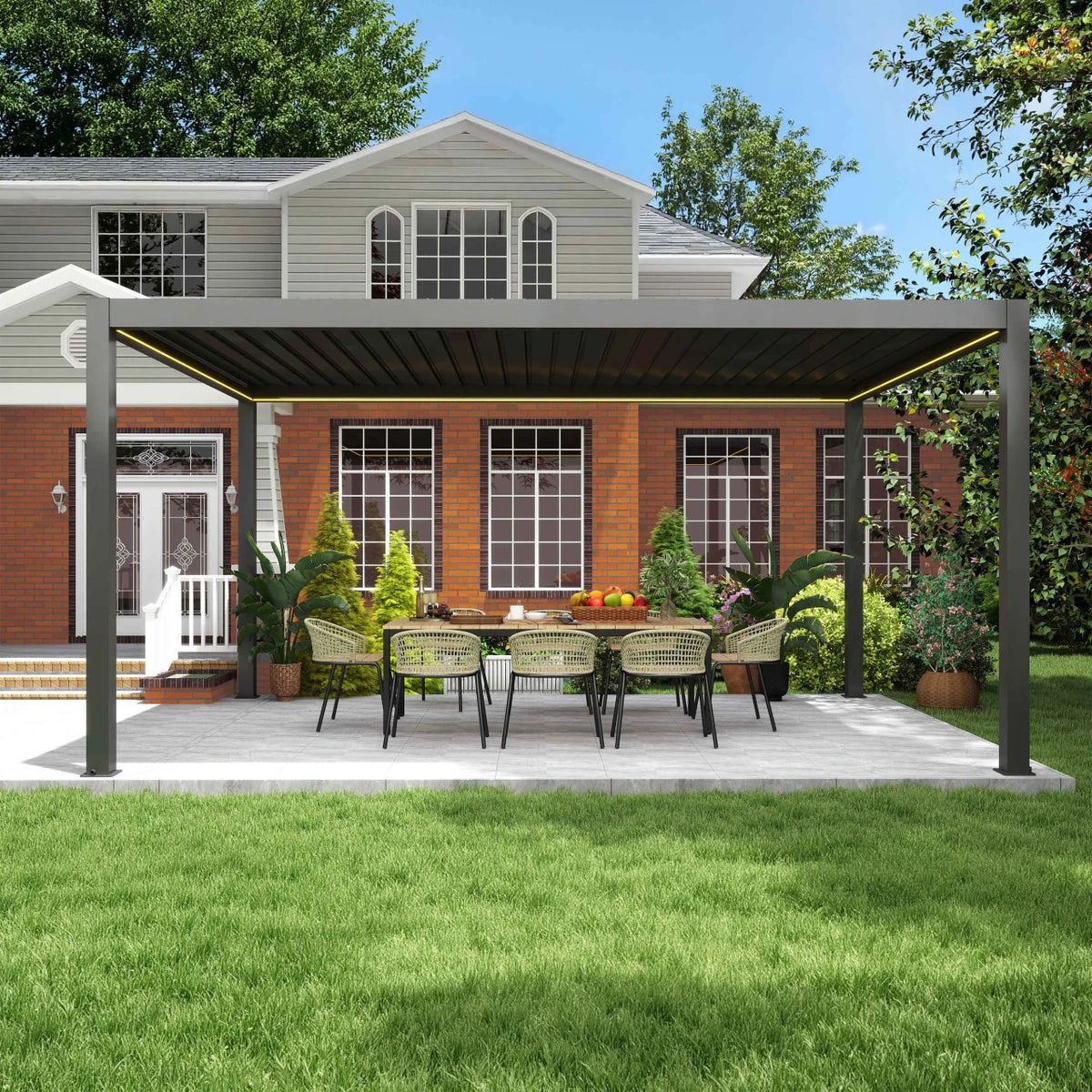 A modern outdoor patio cover pergola and a slatted roof over a dining set, situated on a concrete patio in front of a brick house with a green lawn.