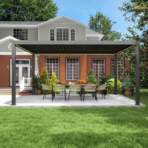 A modern outdoor patio cover pergola and a slatted roof over a dining set, situated on a concrete patio in front of a brick house with a green lawn.