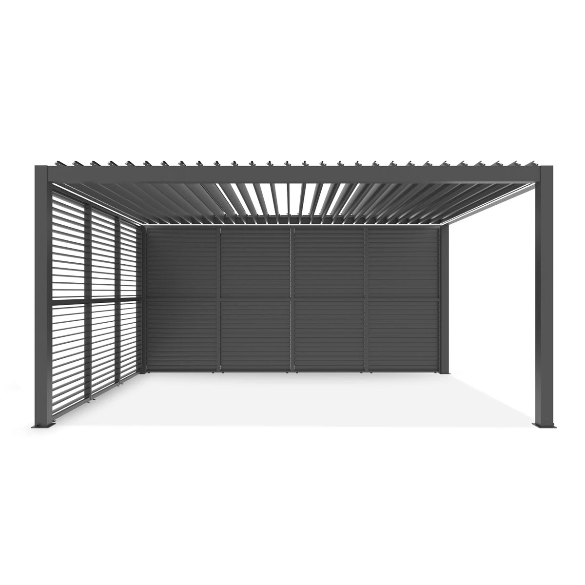 A modern dark gray metal pergola with a slatted side wall and a solid slatted back panel, shown on a clean white background.