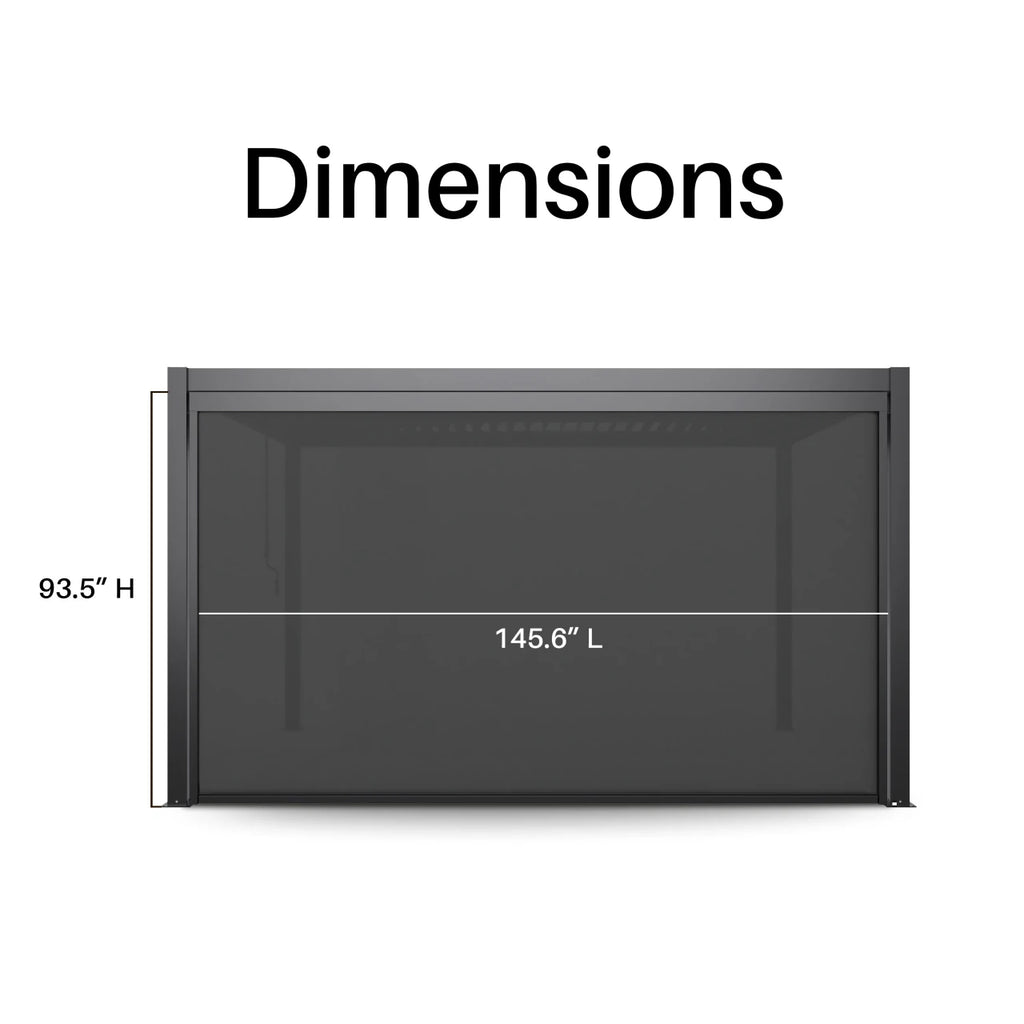 A black freestanding display case or cabinet shown on a white background with dimension labels reading 93.5" H and 145.