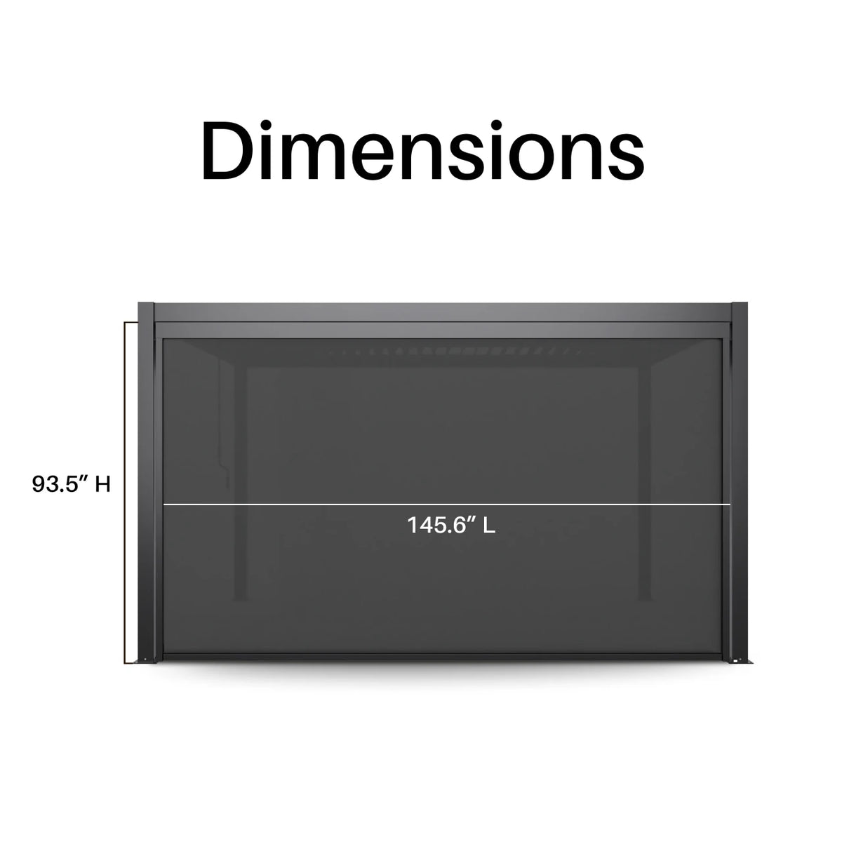 A black freestanding display case or cabinet shown on a white background with dimension labels reading 93.5" H and 145.
