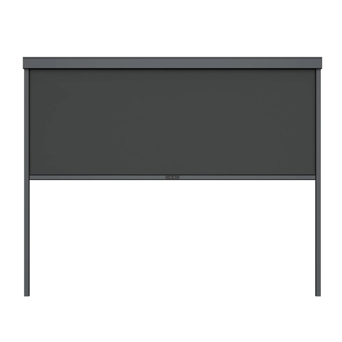 A dark gray retractable half screen with a black roller header and a black fabric banner, shown against a plain white background.