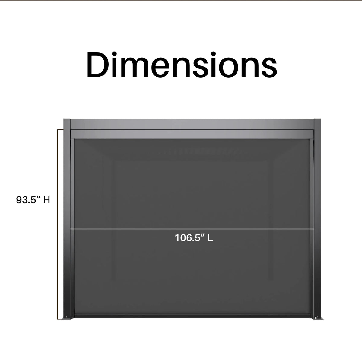 A dark gray screen door shown with dimension labels indicating a height of 93.5 inches and a width of 106.
