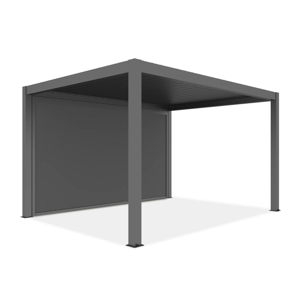 A modern dark gray outdoor patio cabana with a slatted roof and a large side privacy screen, shown on a plain white background.