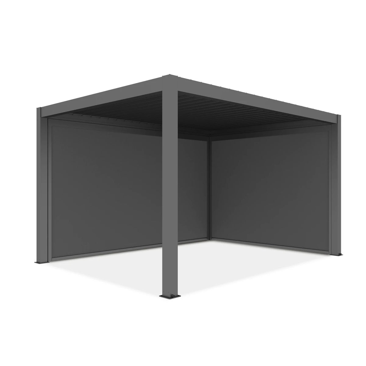 A modern dark gray metal patio cabana or outdoor shelter with a slatted roof and solid side walls, shown on a plain white background.