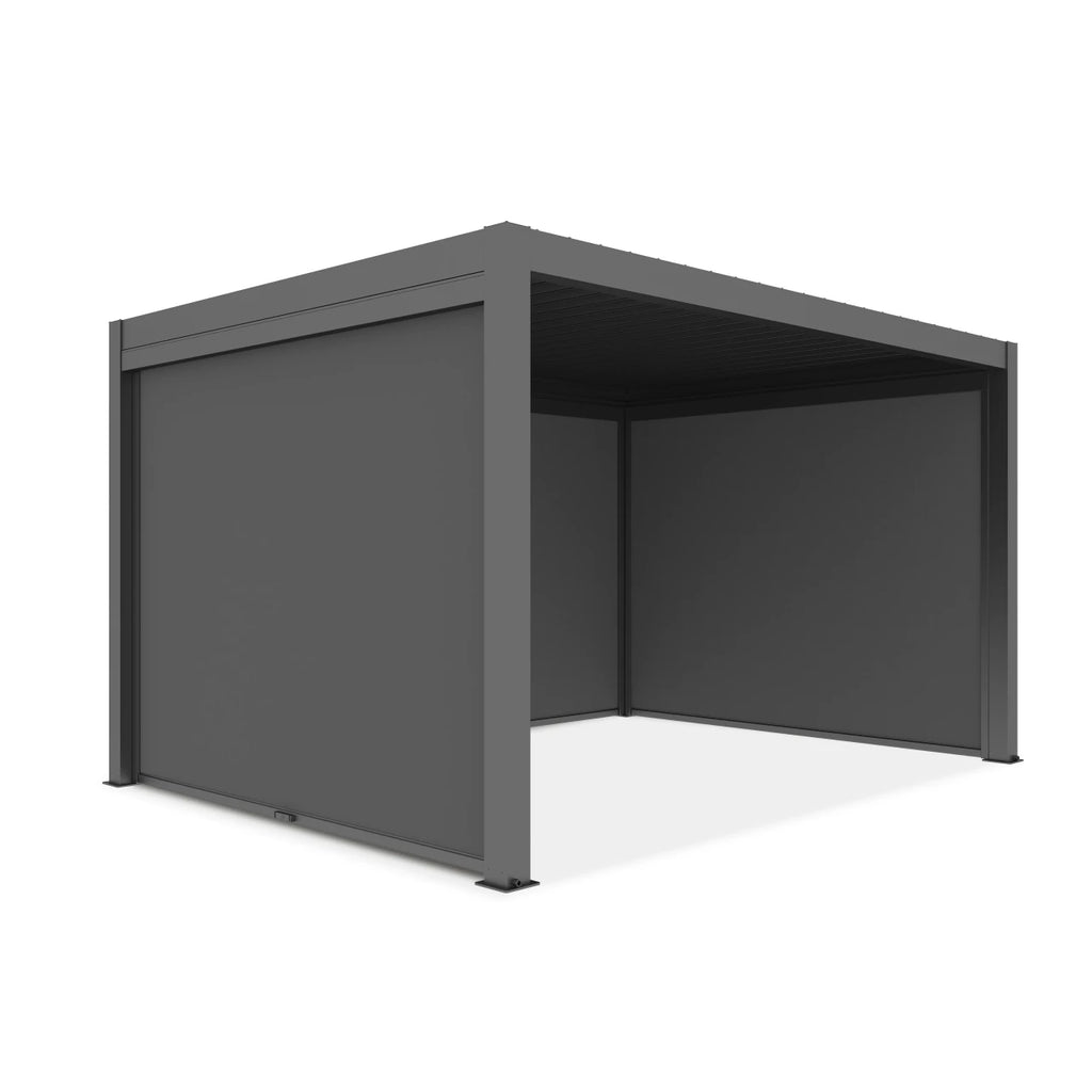 A modern dark gray metal patio cabana or outdoor shelter with solid side walls and an open front, shown on a plain white background.