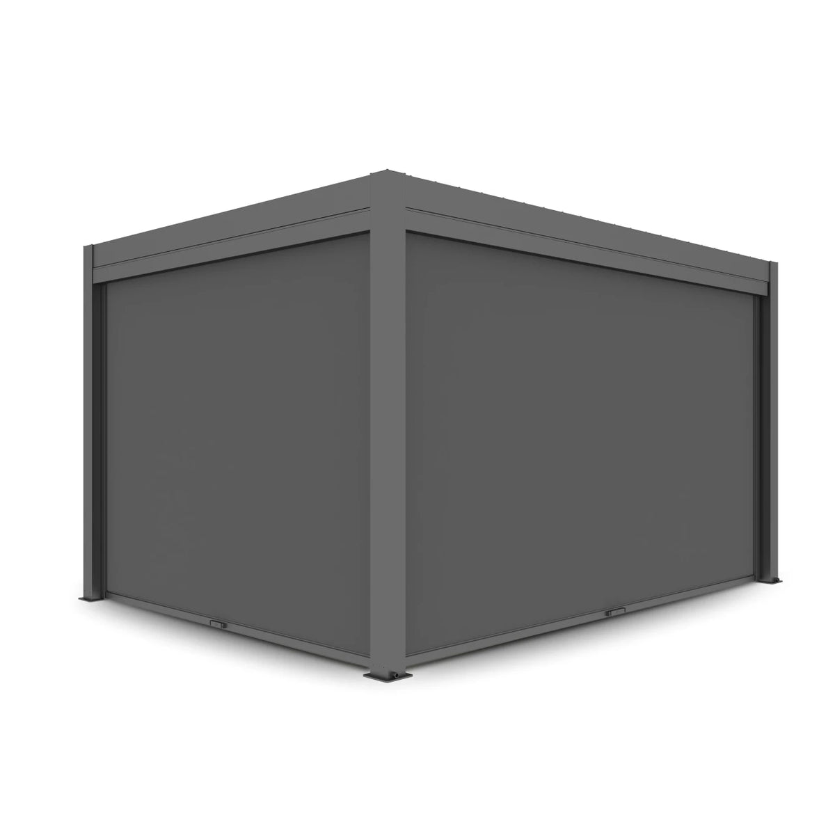 A dark gray modular outdoor patio cabana or storage shed with a metal frame and large side panels, shown on a plain white background.