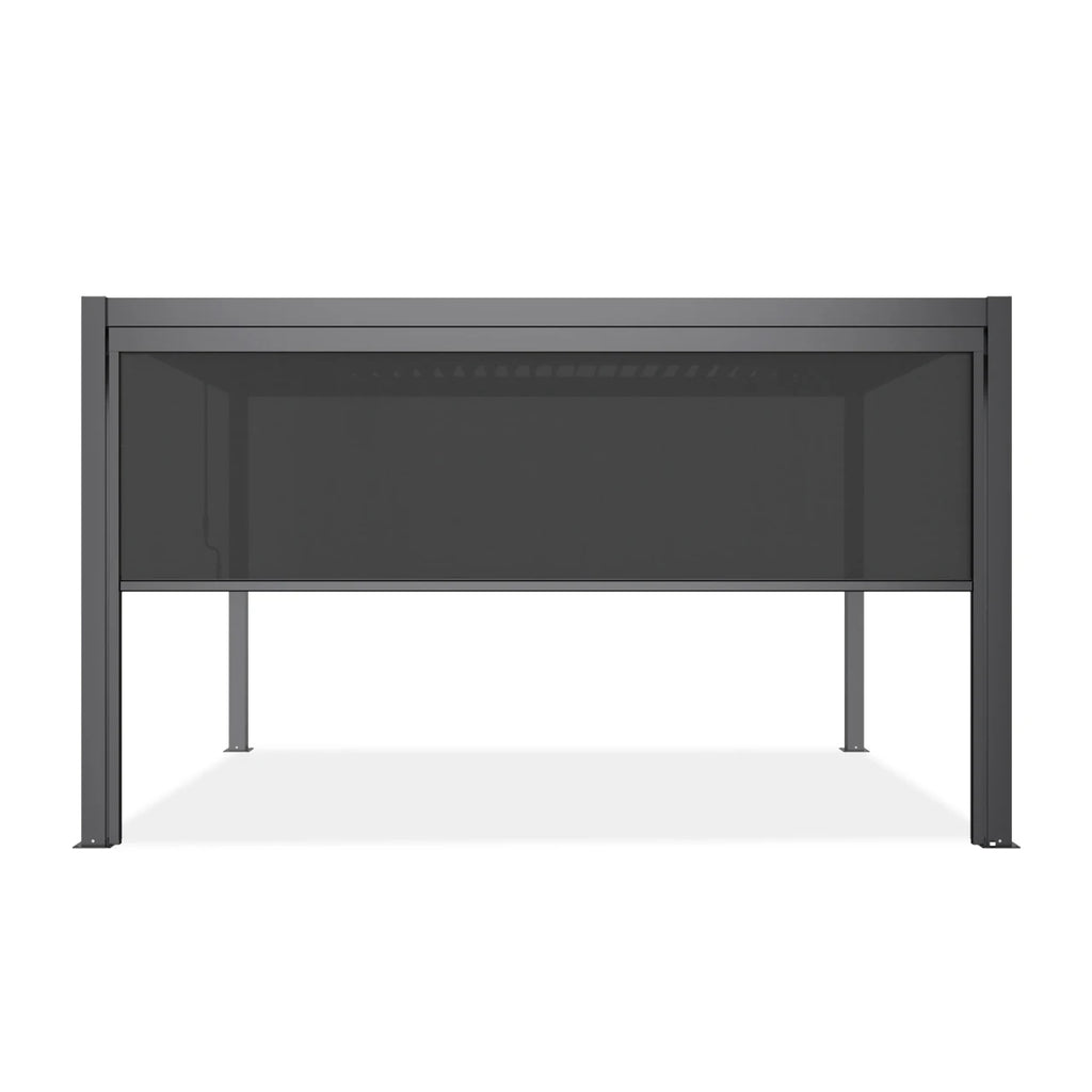 A modern dark gray metal desk with a mesh back panel and slim legs, shown from a front-facing perspective on a white background.