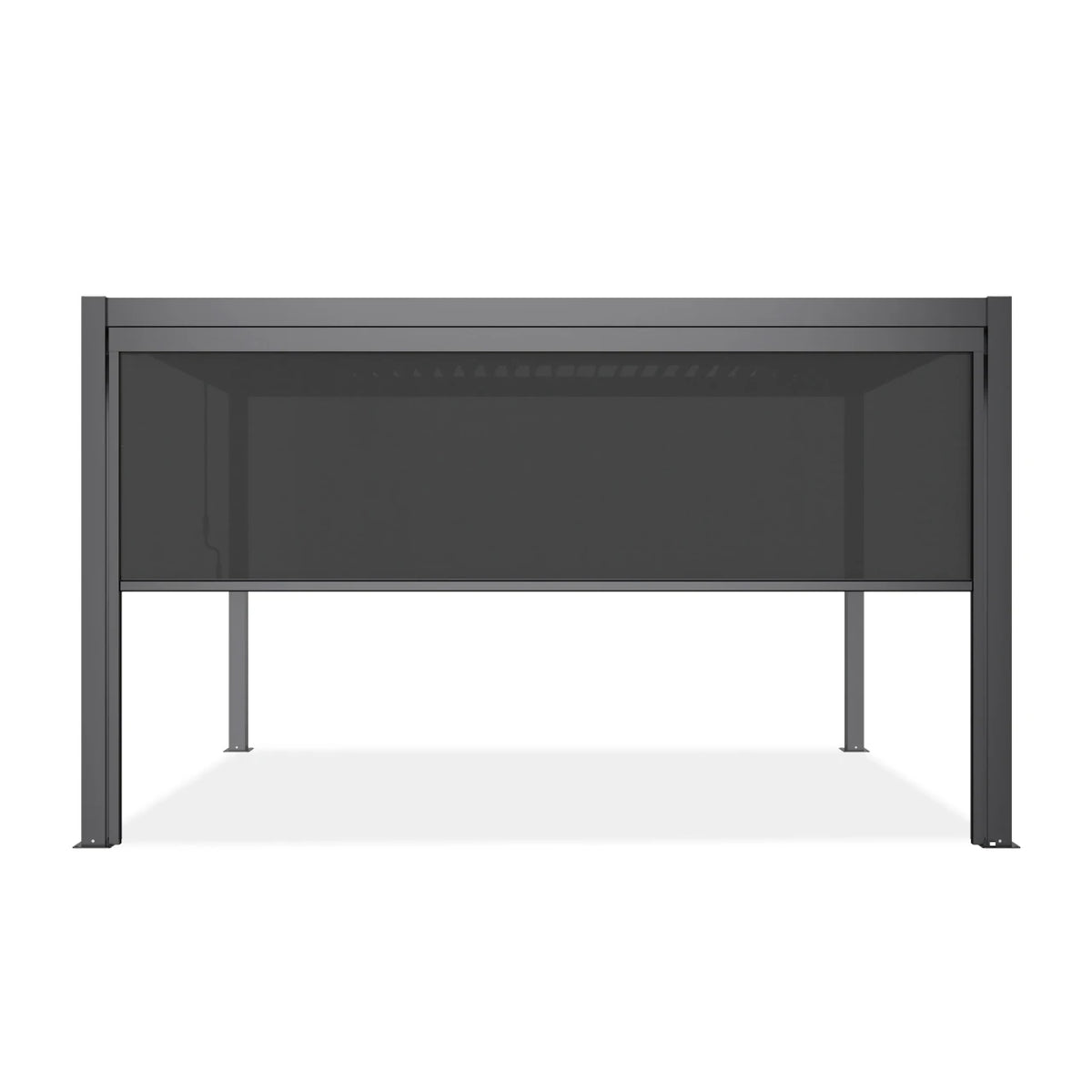 A modern dark gray metal desk with a mesh back panel and slim legs, shown from a front-facing perspective on a white background.