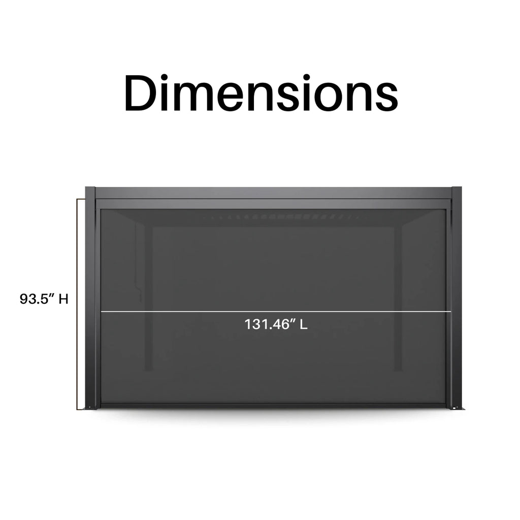 A dimension diagram of a black glass display case or cabinet on a white background, with text labels showing a height of 93.5 inches and a width of 131.