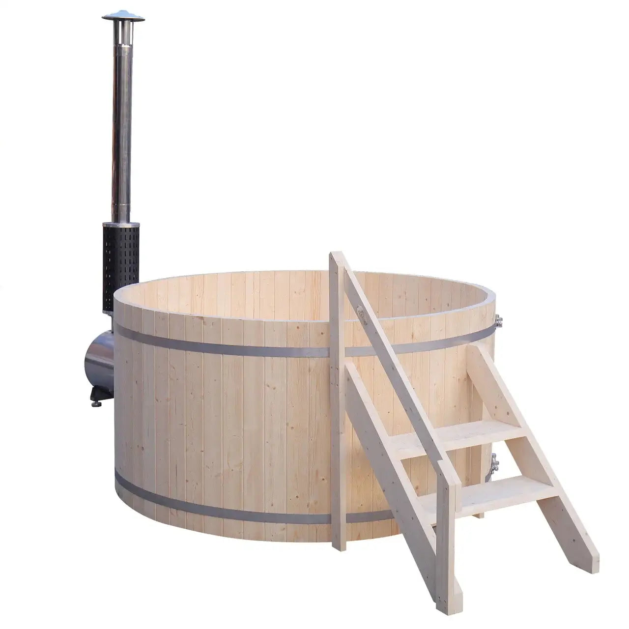 Wooden hot tub with ladder on a white background