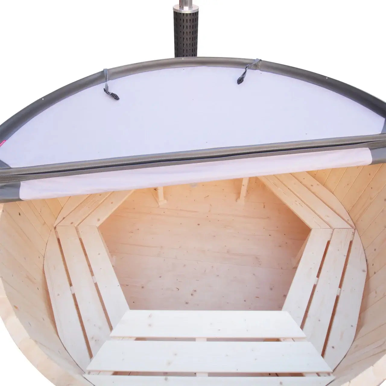 Wooden hot tub with transparent cover on a white background
