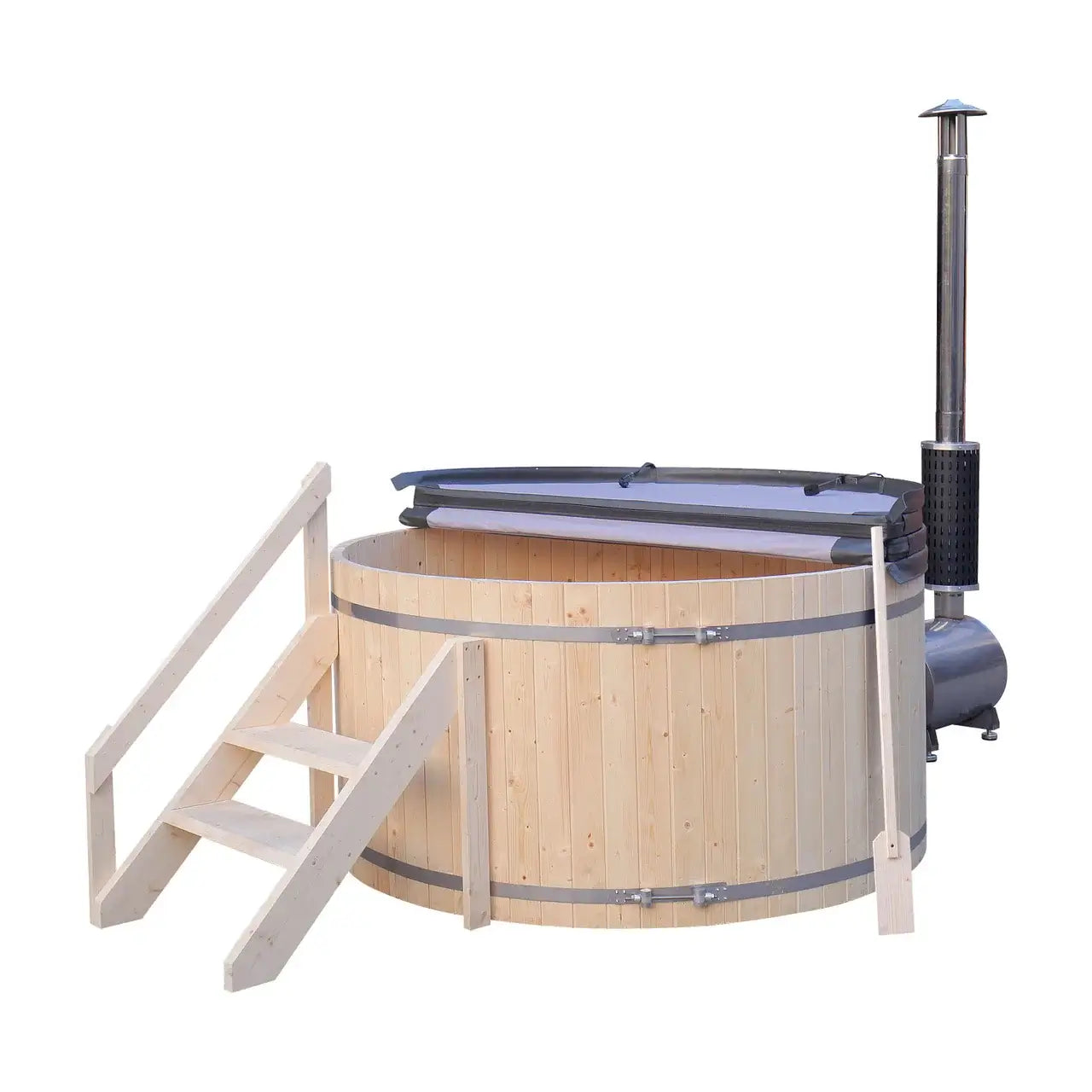 Wooden hot tub with a chimney on a white background