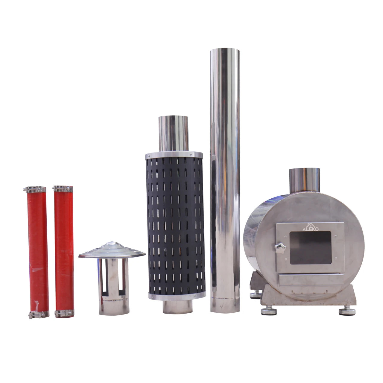 Collection of metal cylindrical products on a white background
