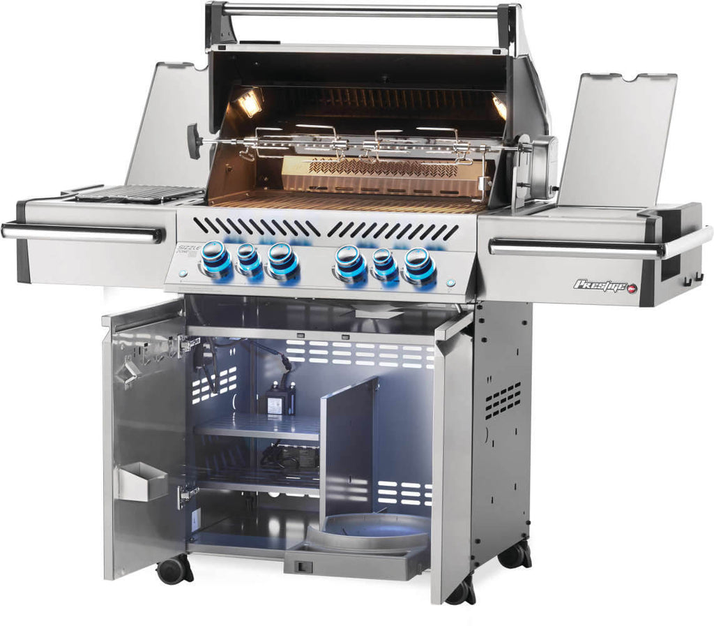 Propane grill with open side panels on a white background