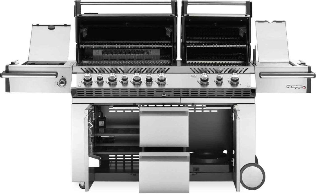 Large stainless steel grill with multiple burners on a white background