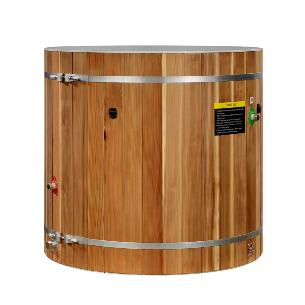 Wooden barrel with metal bands on a white background