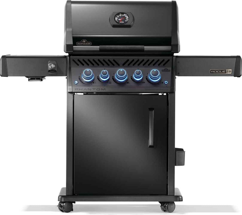 Black barbecue grill with blue control knobs on a white background