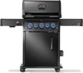 Black barbecue grill with blue control knobs on a white background
