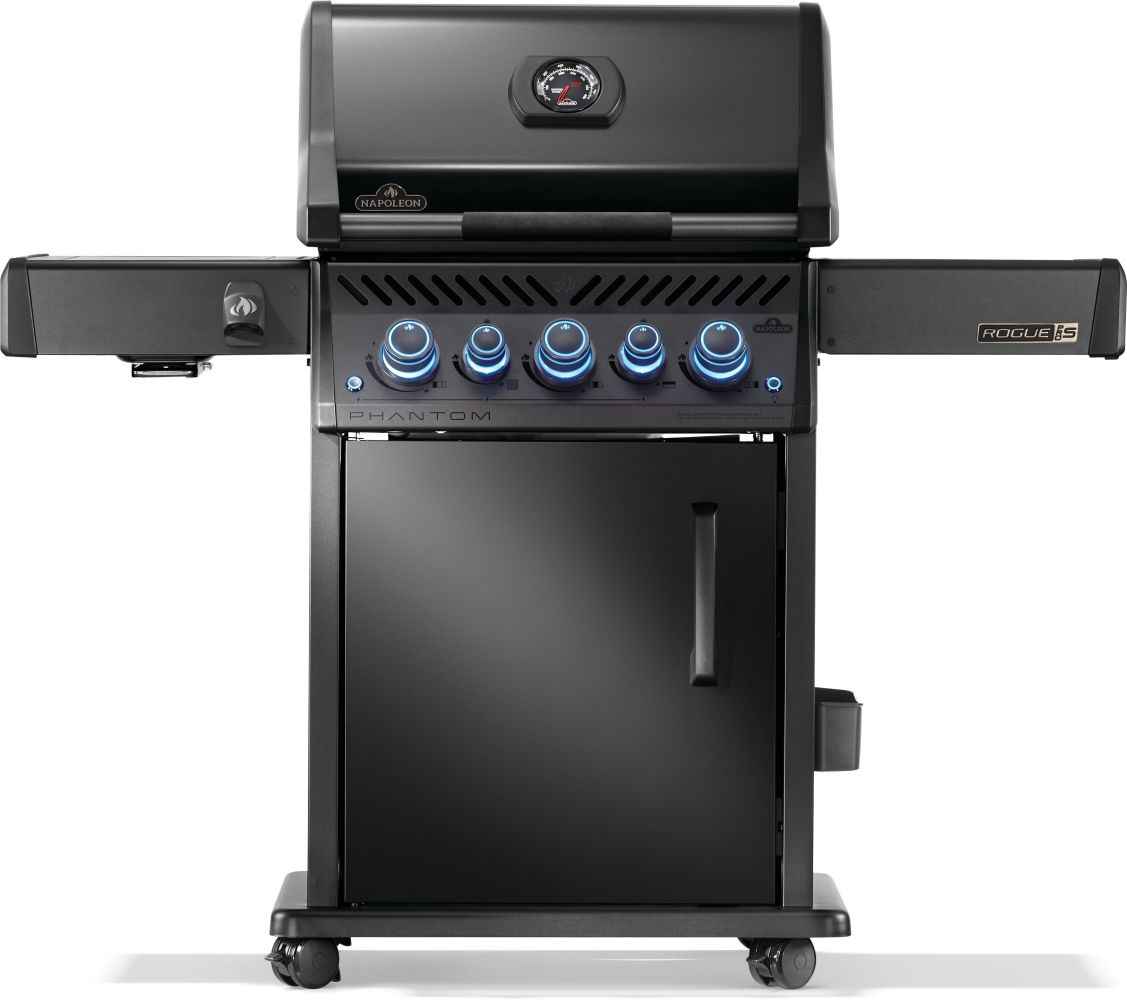 Black barbecue grill with blue control knobs on a white background