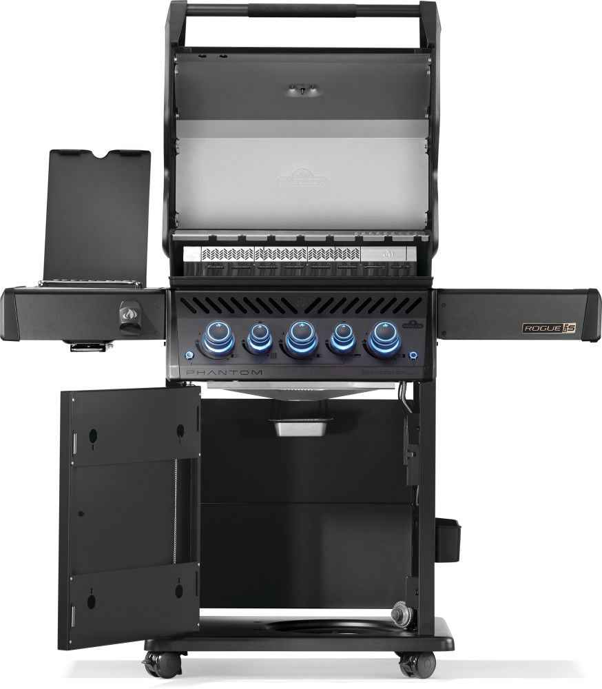 Black gas grill with open lid on a white background