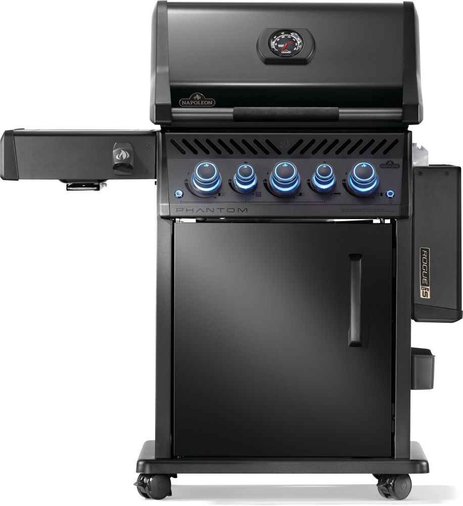 Black gas grill with multiple burners on a white background